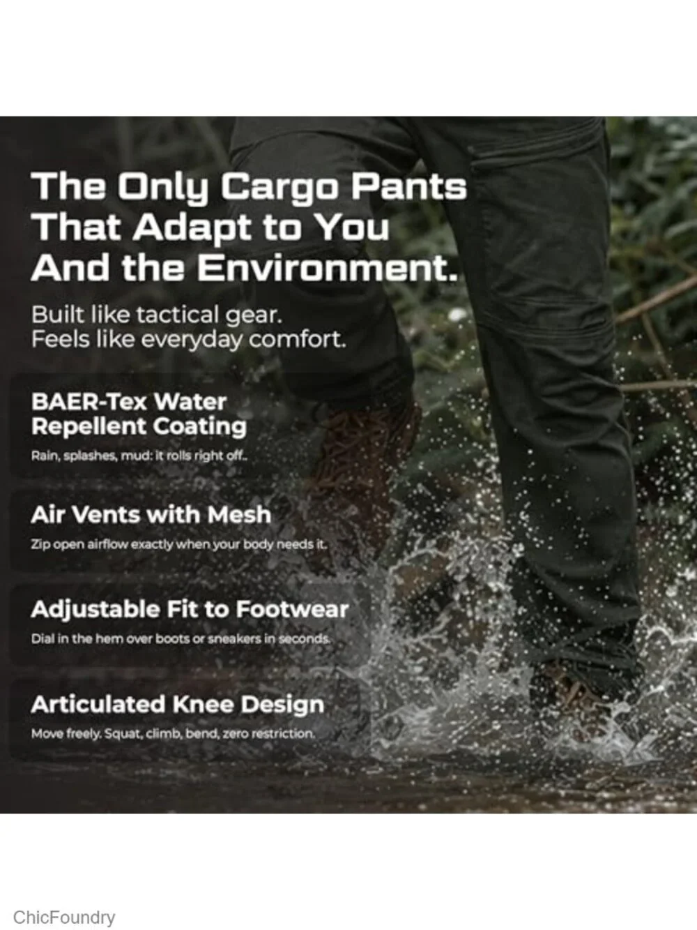 Water Repellent Stretch Cargo Pants with Six Zippered Pockets